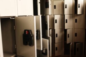 grey metal lockers is open