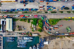 high angle shot of colorful trucks