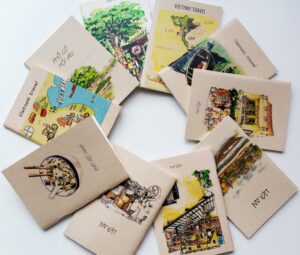 top view of asian travel guides on table