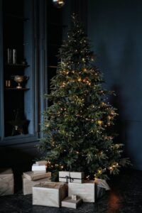 gift boxes under festive tree