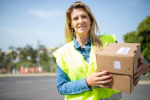 close up shot of a deliverywoman holding delivery boxes
