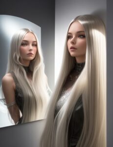 DreamShaper v7 Een stralende vrouw staat voor een spiegel in e 2 1