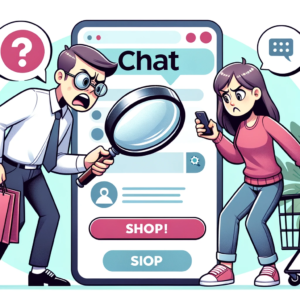 DALL·E 2023 10 07 06.58.36 illustration of a confused shopper with a magnifying glass searching for a chat button on a digital store interface 19