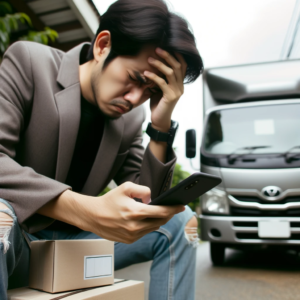 DALL·E 2023 10 07 13.05.47 A distressed individual looking at their phone with a package and a delivery truck in the background 15