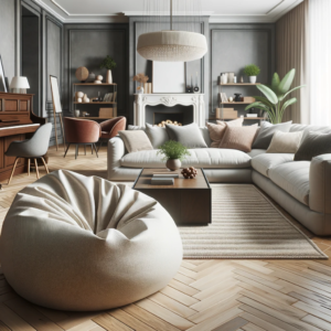 DALL·E 2023 10 07 14.56.32 photo of a stylish living room highlighting the empty bean bag cover as a central piece of furniture 13