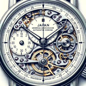 DALL·E 2023 10 08 08.58.52 Illustratie van het Japan Nh35 Beweging Mechanische Automatische Horloge tegen een elegante achtergrond. Het horloge moet zijn hoogwaardige afwerking 15