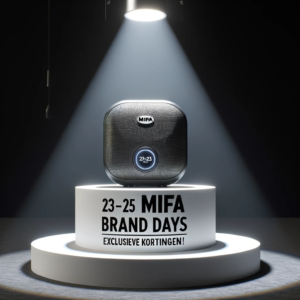 DALL·E 2023 10 08 12.27.22 Render van een MiFa bluetooth speaker op een podium onder een spotlight. Op de voorgrond staat de tekst MiFa Brand Days met de data 23 25 oktober 20 31