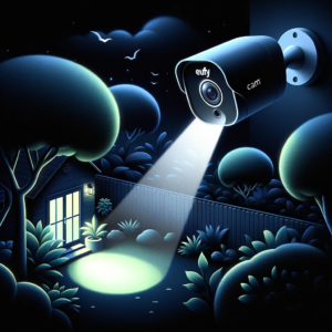 DALL·E 2023 10 09 05.23.16 Illustration of Eufy Security Eufycam 2c with spotlight feature activated illuminating a dark area in a garden 1