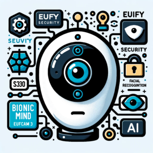 DALL·E 2023 10 09 06.38.19 Vector design of Eufy Security S330 Eufycam 3 highlighting its BionicMind AI feature with facial recognition icons and security symbols 1