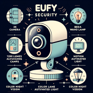 DALL·E 2023 10 09 08.23.42 Vector image of Eufy Security S100 Bedrade Wandlamp Cam Beveiligingscamera with key features labeled such as 2K Camera 1200 Lumen Motion Activate 25