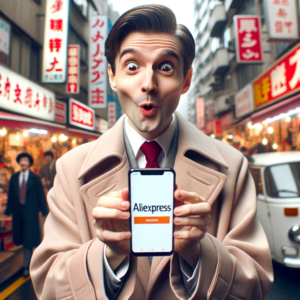 DALL·E 2023 10 10 04.59.13 Photo of a curious shopper holding a smartphone displaying the AliExpress logo 15