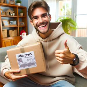 DALL·E 2023 10 10 08.39.39 Foto de una persona feliz recibiendo un paquete de AliExpress en su hogar mostrando un sentimiento de confianza y satisfaccion 1