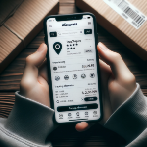 DALL·E 2023 10 10 12.31.39 Low resolution image of a person holding a smartphone showing the AliExpress app with a tracking information screen 4