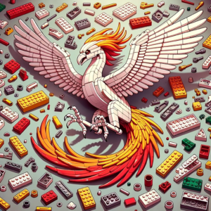 DALL·E 2023 10 10 12.36.00 Illustration of Lego pieces scattered on a table highlighting the missing Phoenix parts 3