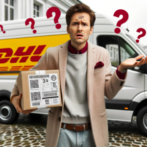 DALL·E 2023 10 10 14.29.50 A confused customer holding a package with a QR code standing in front of a DHL van looking puzzled 1