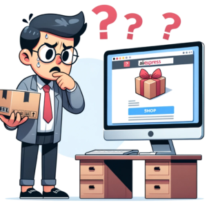 DALL·E 2023 10 11 05.29.54 Illustration of a puzzled online shopper looking at a computer screen displaying an AliExpress order 5