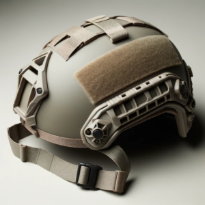 DALL·E 2023 10 11 06.39.53 Photo of a military tactical helmet with adjustable straps placed on a neutral background. The helmet should be made of ABS plastic and have a sleek 4