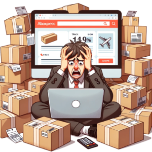 DALL·E 2023 10 11 13.25.36 A distressed customer looking at a computer screen with the AliExpress website open surrounded by parcels illustrating the confusion of tracking a p 1