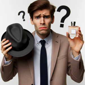DALL·E 2023 10 11 13.35.13 Photo of a confused customer holding a mens hat and a perfume bottle symbolizing a wrong delivery from an online order 1
