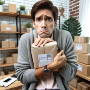 DALL·E 2023 10 11 13.40.59 Photo of a customer looking worried while holding a package symbolizing a return to an online store 1