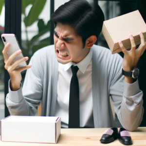 DALL·E 2023 10 11 19.28.02 Photo of a frustrated customer holding a phone and an empty package box symbolizing challenges with online order deliveries 2 10