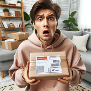 DALL·E 2023 10 11 20.38.11 Photo of a surprised person holding an AliExpress package looking confused because the package is addressed to someone else 9
