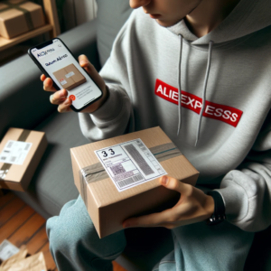 DALL·E 2023 10 11 20.53.24 Photo of a person holding an AliExpress package and looking at a smartphone trying to find the return address 8