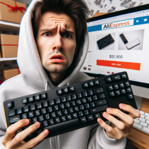 DALL·E 2023 10 12 05.00.42 Photo of a person holding a keyboard looking confused with the AliExpress website open on their laptop in the background 7