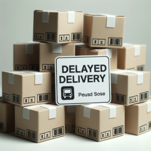 DALL·E 2023 10 12 05.04.29 Photo of several packages stacked together with a label indicating delayed delivery 1 6