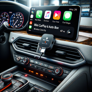 DALL·E 2023 10 12 05.44.39 A car interior with the Mini Carplay Auto Box Dongle in use showcasing its wireless connectivity 5