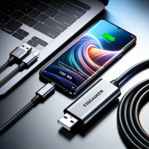 DALL·E 2023 10 12 06.30.38 photo of the Essager 100W USB Type C cable next to a smartphone and a laptop indicating its compatibility with various devices 4