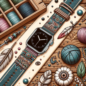 DALL·E 2023 10 12 08.10.42 Illustration of an Apple Watch adorned with the Bohemian Nylon Band laid on a wooden table with some bohemian decorations around 2