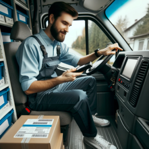 DALL·E 2023 10 13 05.04.24 Photo of a postal worker scanning packages in a delivery van 1