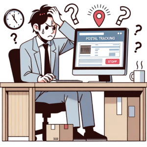 DALL·E 2023 10 13 18.42.50 Illustration of a person scratching their head while looking at a postal tracking website on their computer 1