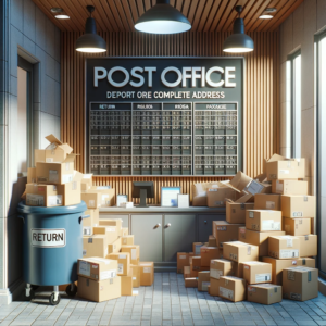 DALL·E 2023 10 14 06.51.44 Digital render of a post office with a return bin overflowing with packages and a notice board highlighting the importance of complete address 1