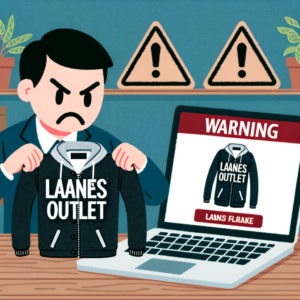 DALL·E 2023 10 14 11.49.41 A person frowning at a fake brand jacket they are holding with a laptop showcasing the Loanesoutlet website nearby. Warning signs are prominently dis 12