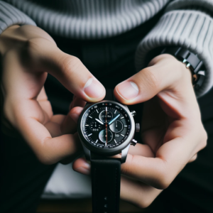 DALL·E 2023 10 14 12.46.18 Photo of an i7 Pro Max watch being adjusted by a hand 11