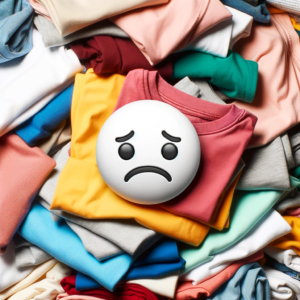 DALL·E 2023 10 14 21.24.12 Photo of a pile of colorful T shirts with a confused emoticon hovering above them 9