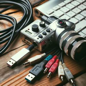 DALL·E 2023 10 16 05.04.20 Photo of a USB video capture device with cables connecting to a computer and a vintage camcorder 1