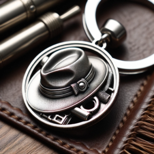 DALL·E 2023 10 16 07.01.34 Close up of a zinc alloy keychain with a classic style hat pendant 1 1