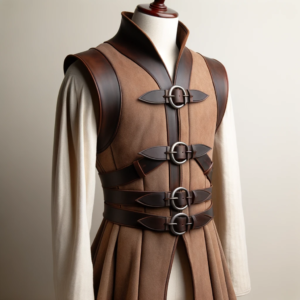 DALL·E 2023 10 17 05.20.36 photo of a medieval Waldelf Jerkin outfit with PU leather buckles a long sleeveless vest design inspired by warriors and horsemen presented on a ma 15
