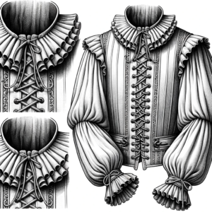 DALL·E 2023 10 17 07.15.56 A detailed illustration of a mens medieval shirt with Renaissance style laced ruffle collar and cuffs suitable for a Viking or pirate captain 1 14