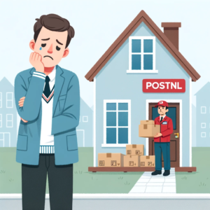 DALL·E 2023 10 17 08.00.49 A disappointed customer standing in front of an empty house while in the distance a postman delivers a package to a PostNL point 13