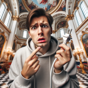 DALL·E 2023 10 17 13.20.41 photo of a person looking confused while holding a Chinese plug in a European setting 10