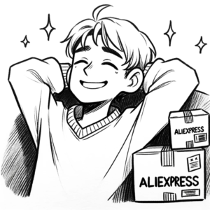 DALL·E 2023 10 17 13.36.50 A sketch of a person looking relieved after watching a video with AliExpress parcels next to them 9