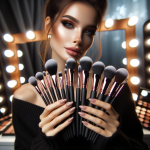 DALL·E 2023 10 17 19.01.55 photo of a makeup artist holding the Docolor 14Pcs Make Up Brushes showcasing their functionality and elegance against a blurred studio background 7