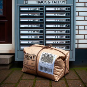DALL·E 2023 10 17 19.16.52 Verloren pakket met een duidelijk zichtbare tracktrace code naast een lege brievenbus op een achtergrond van een postkantoor 3 6