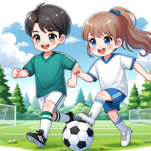 DALL·E 2023 10 18 05.03.41 Illustration of a young boy and girl playing football outdoors both dressed in the described quick drying football jersey 5