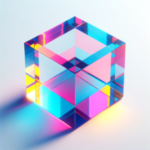 DALL·E 2023 10 18 06.17.24 Photo of a clear optical cube reflecting in cyaan magenta and yellow shades on a white background 2 2