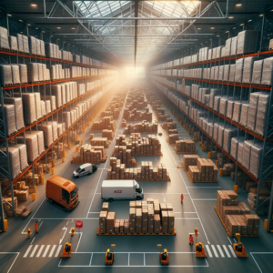 DALL·E 2023 10 18 18.50.40 Photo of a warehouse in Schiedam where packages are stored 1